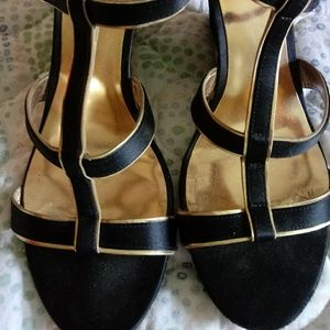 Coach, black and gold satin wedges.